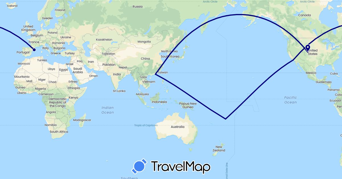 TravelMap itinerary: driving in China, Spain, Fiji, United States (Asia, Europe, North America, Oceania)